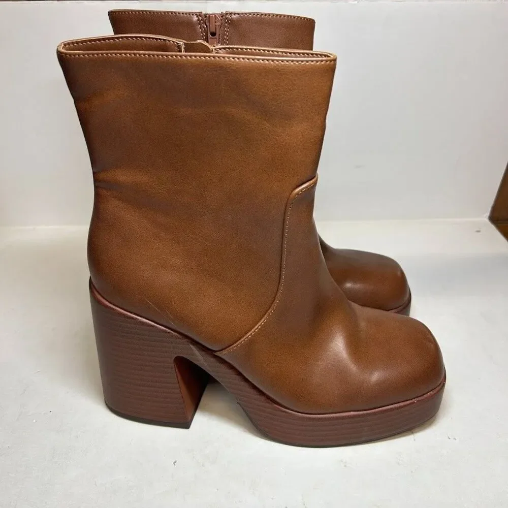Wild Pair Womens 8.5 M Cognac Brown Stella Platform Ankle Booties DISPLAY QI8